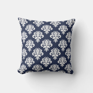 Cojín Decorativo Elegante Damasco Blanco Azul