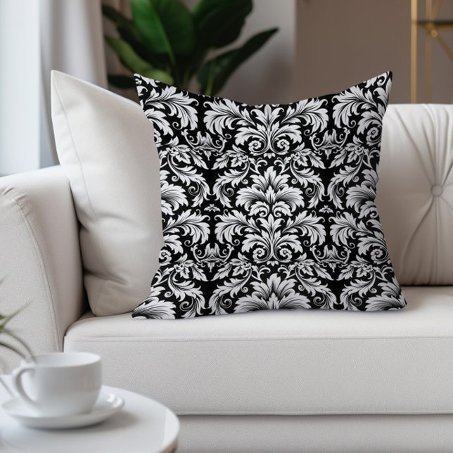 Cojín Decorativo Elegante Damasco de época blanco negro (Elegant vintage black and white damask decorator pillow)