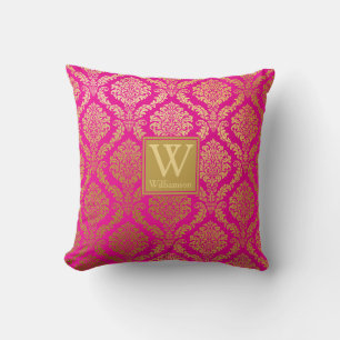 Cojín Decorativo Elegante Damasco de oro y rosa caliente personaliz