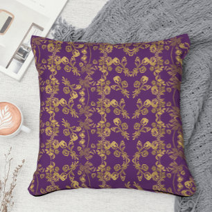 Cojín Decorativo Elegante damasco dorado en espiral floral sobre pú