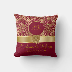Cojín Decorativo Elegante Damasco Dorado Sobre Monograma Burgundy