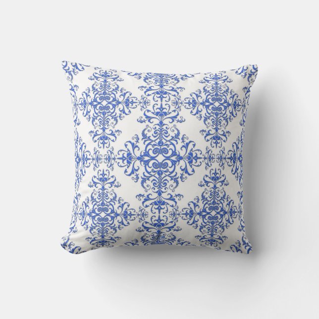 Cojín Decorativo Elegante Damasco estilo floral azul y blanco (Anverso)