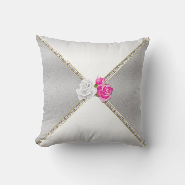 Cojín Decorativo Elegante Damasco plateado y rosa rosado (Anverso)