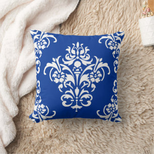 Cojín Decorativo Elegante Damasco Real Azul y Blanco