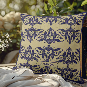 Cojín Decorativo Elegante damasco vintage monograma azul marino ama