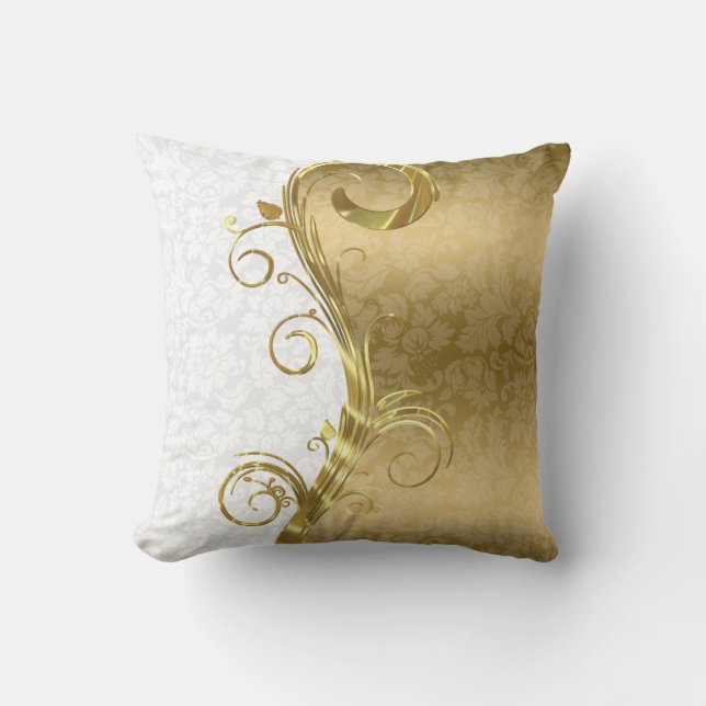 Cojín Decorativo Elegante Damask White Swirls Gold Swirls (Anverso)