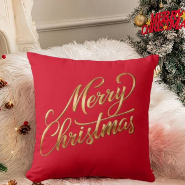 Cojín Decorativo Elegante decoración navideña-dorada estilo navideñ (Elegant Merry Christmas-Gold Script Holiday Decor Throw Pillow)