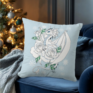Cojín Decorativo Elegante Dragón de Hielo Blanco Rosas Azules Fanta