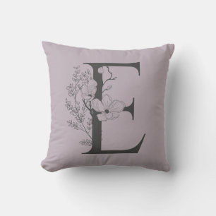 Cojín Decorativo Elegante E Boho Floral Monograma Inicial Lila Gris
