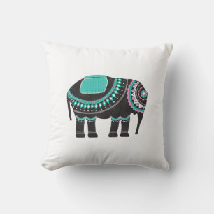 Cojín Decorativo Elegante elefante ornato negro, color turquesa