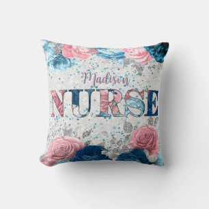 Cojín Decorativo Elegante Enfermera Rosa Azul Plateado Floral Perso