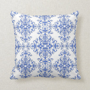 Cojín Decorativo Elegante estilo damask floral de cobalto azul y bl