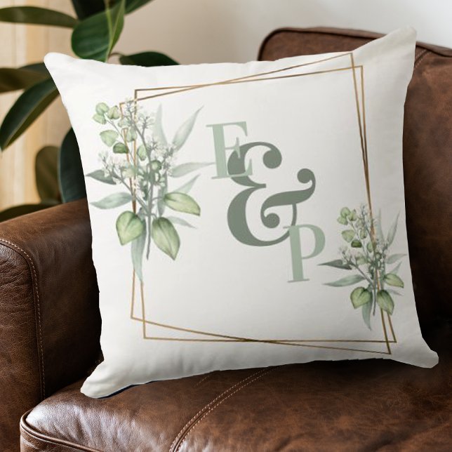 Cojín Decorativo Elegante Eucalyptus Gold Frame Iniciales Monograma (Subido por el creador)