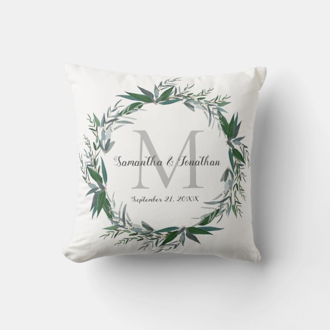 Cojín Decorativo Elegante Eucalyptus Monograma Boda Blanco Keepsake (Anverso)