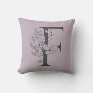Cojín Decorativo Elegante F Boho Floral Monograma Inicial Lila Gris