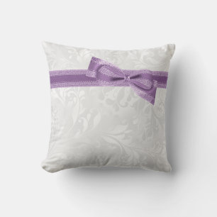 Cojín Decorativo Elegante Faux Bow & Ribbon & Damask Púrpura