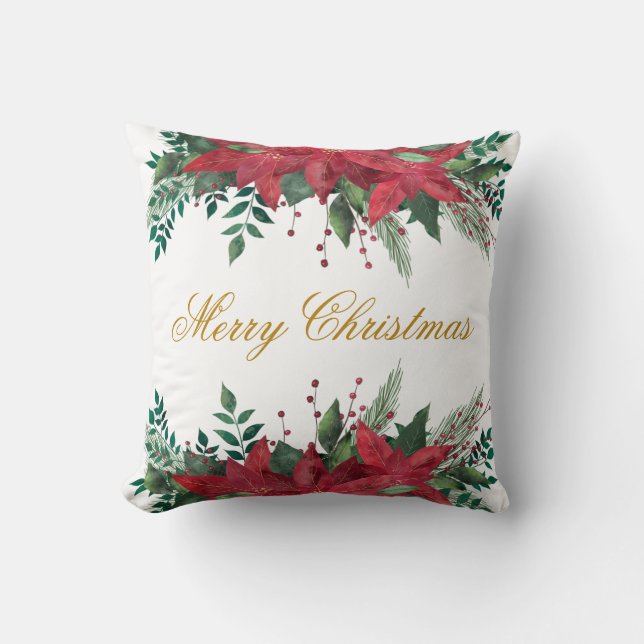 Cojín Decorativo Elegante Feliz Navidad Poinsettia Floral (Anverso)