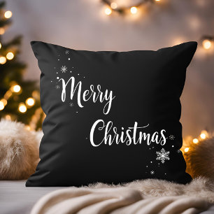 Cojín Decorativo Elegante Feliz Navidad Script Familia Negra