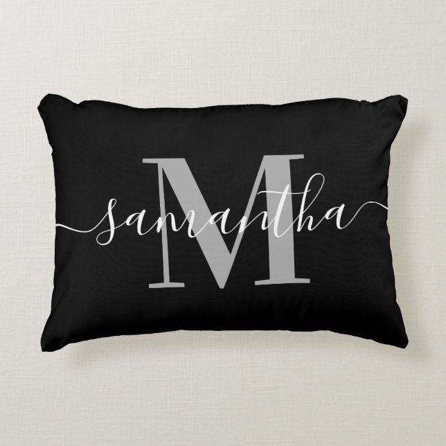 Cojín Decorativo Elegante Firma Gris Moderno Monograma Negro (Anverso)