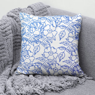 Cojín Decorativo Elegante Flor de Estampado Azul sobre Blanco