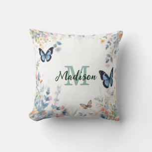 Cojín Decorativo elegante Flor Silvestre Verde Boho Monograma En Fl