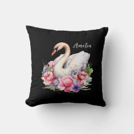 Cojín Decorativo Elegante Floral Acuarela Cisne Negro Nombre Hija