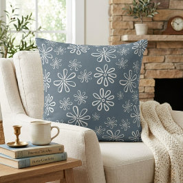 Cojín Decorativo Elegante Floral Azul Pizarra y Blanco