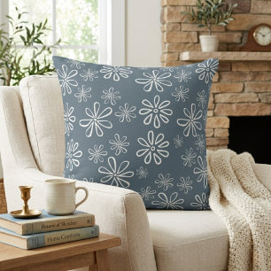 Cojín Decorativo Elegante Floral Azul Pizarra y Blanco