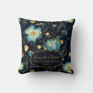 Cojín Decorativo Elegante floral azul y dorado medianoche personali