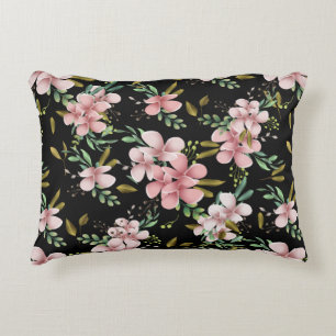Cojín Decorativo Elegante Floral Botánico de Acuarela Rosa en Negro