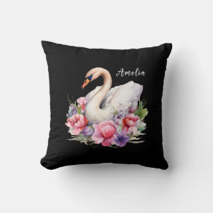 Cojín Decorativo Elegante Floral de Acuarela Cisne Negro Nombre de 