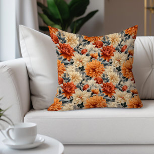 Cojín Decorativo Elegante Floral Naranja Crema Verde Teal
