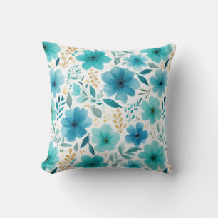 Cojín Decorativo Elegante Flores Azules Acuarela Botánica