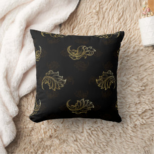 Cojín Decorativo Elegante fondo negro con hoja de oro intrincada 