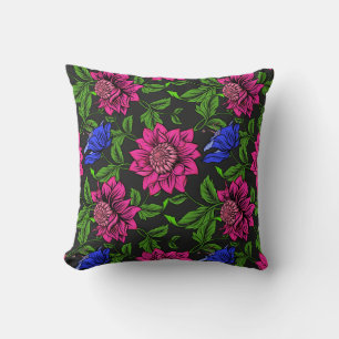 Cojín Decorativo Elegante Fuchsia Y Flor Azul Fondo Negro