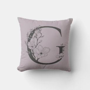 Cojín Decorativo Elegante G Boho Floral Monograma Inicial Lila Gris