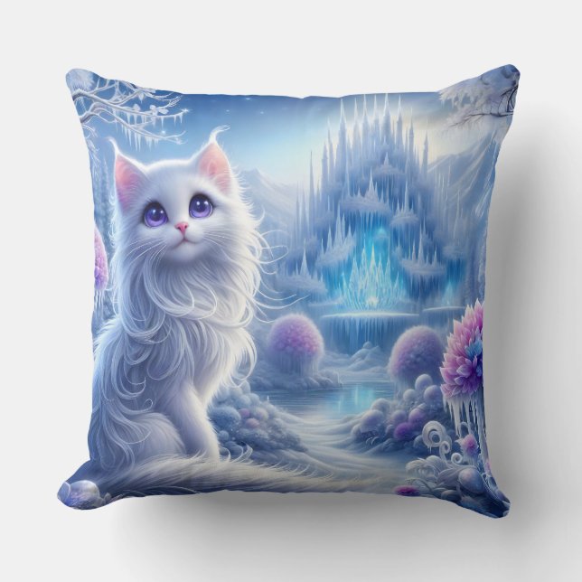 Cojín Decorativo Elegante gato blanco en un reino mágico nevado (Anverso)