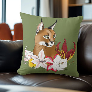 Cojín Decorativo Elegante Gato Montés Caracal Lirios Floral Verde
