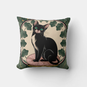 Cojín Decorativo Elegante Gato Negro Art Nouveau