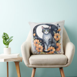 Cojín Decorativo Elegante Gato Negro Floral Moon Art Gato Amante