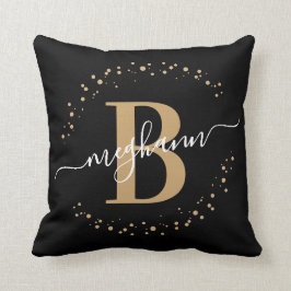 Cojín Decorativo Elegante, Girly Black Gold Name Monograma Script