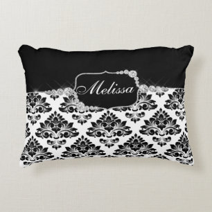Cojín Decorativo Elegante Glam Black Damask Diamantes