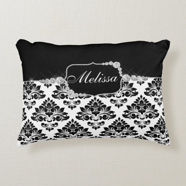 Cojín Decorativo Elegante Glam Black Damask Diamantes (Anverso)