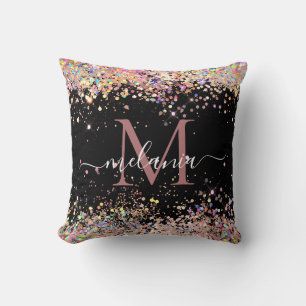 Cojín Decorativo Elegante Glitter Holográfico Monograma Nombre Negr