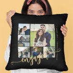 Cojín Decorativo Elegante guión de collage de fotos de oro de parej<br><div class="desc">Regalo especial de almohada de almohada moderna de oro negro para una pareja comprometida o recién casados con seis fotos personalizados y un guión moderno de caligrafía. Personalízalo con sus imágenes y texto! Tenga en cuenta que el color de fondo puede cambiar. Puede reemplazar el negro con cualquier otro color...</div>
