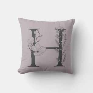 Cojín Decorativo Elegante H Boho Floral Monograma Inicial Lila Gris