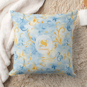 Cojín Decorativo Elegante hoja azul y dorada de inspiración paisley