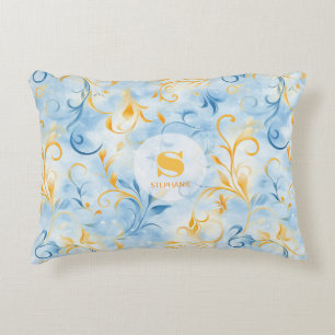 Cojín Decorativo Elegante hoja azul y dorada de inspiración paisley