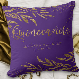 Cojín Decorativo Elegante Hoja de Oro Púrpura Personalizada Quincea