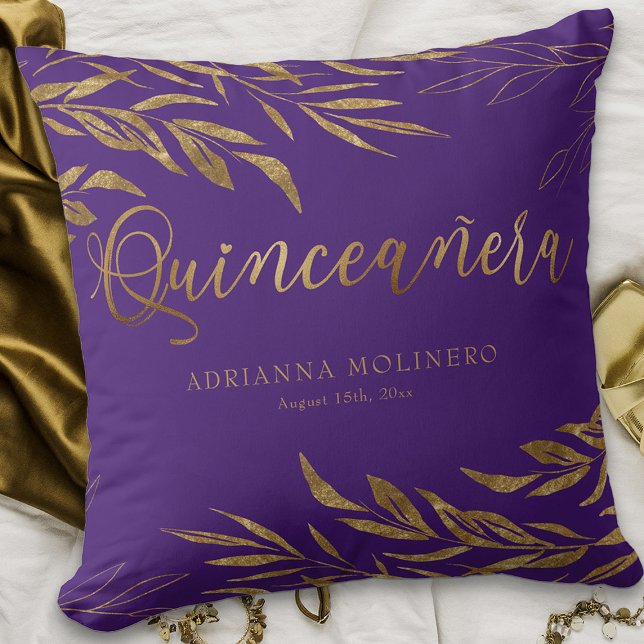 Cojín Decorativo Elegante Hoja de Oro Púrpura Personalizada Quincea (Purple Quinceanera keepsake pillow from my Gold Leaf Quinceanera Collection)